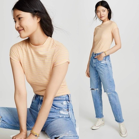 Free People WE THE FREE Night Sky Striped Boho T Shirt in Summer Rose Sz L - Picture 1 of 13